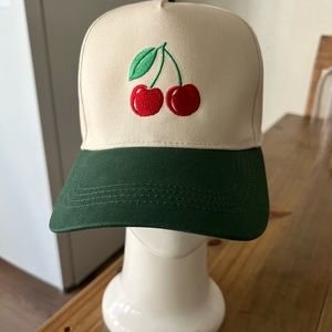 Cherry Embroidered Kids Cap - Green and Cream
